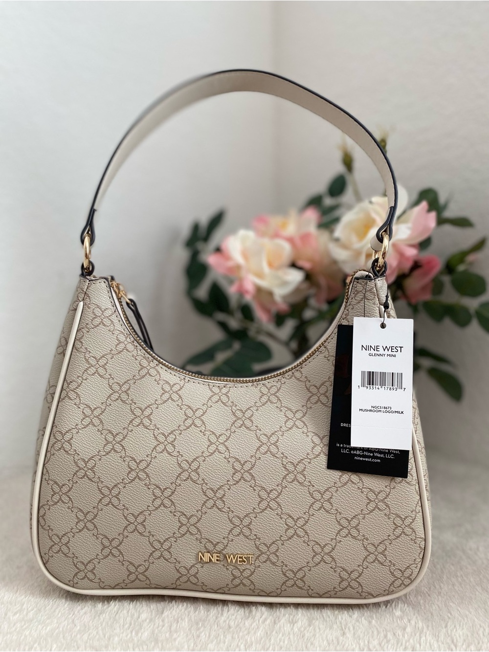 Nine West Cream-Beige Logo Hobo Shoulder Bag